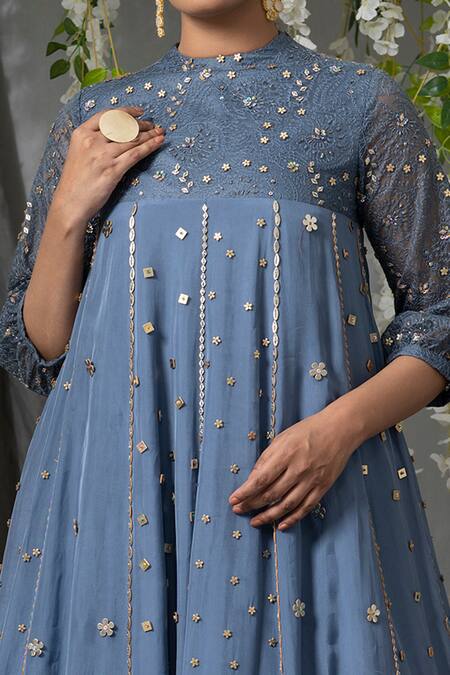 Shop_Abstract By Megha Jain Madaan_Blue Chiffon, Organza Sequins Round Neck Embellished Flared Gown _Online_at_Aza_Fashions
