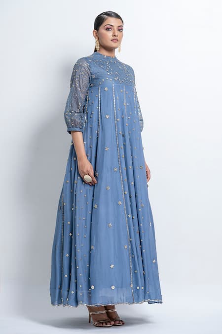 Abstract By Megha Jain Madaan_Blue Chiffon, Organza Sequins Round Neck Embellished Flared Gown _at_Aza_Fashions