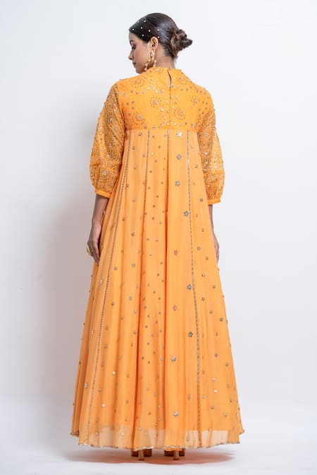 Shop Abstract By Megha Jain Madaan Yellow Chiffon, Organza Sequins Round Neck Flared Embellished Gown at Aza Fashions Shop_Abstract By Megha Jain Madaan_Yellow Chiffon, Organza Sequins Round Neck Flared Embellished Gown _at_Aza_Fashions