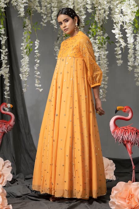 Abstract By Megha Jain Madaan Yellow Chiffon, Organza Sequins Round Neck Flared Embellished Gown Online at Aza Fashions Abstract By Megha Jain Madaan_Yellow Chiffon, Organza Sequins Round Neck Flared Embellished Gown _Online_at_Aza_Fashions