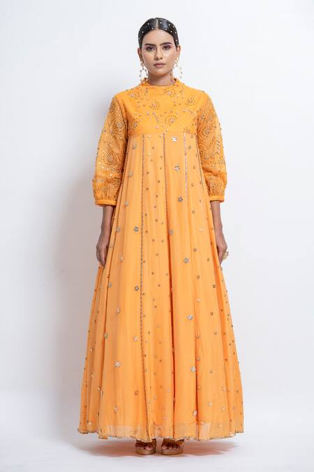 Buy Abstract By Megha Jain Madaan Yellow Chiffon, Organza Sequins Round Neck Flared Embellished Gown Online at Aza Fashions Buy_Abstract By Megha Jain Madaan_Yellow Chiffon, Organza Sequins Round Neck Flared Embellished Gown _Online_at_Aza_Fashions