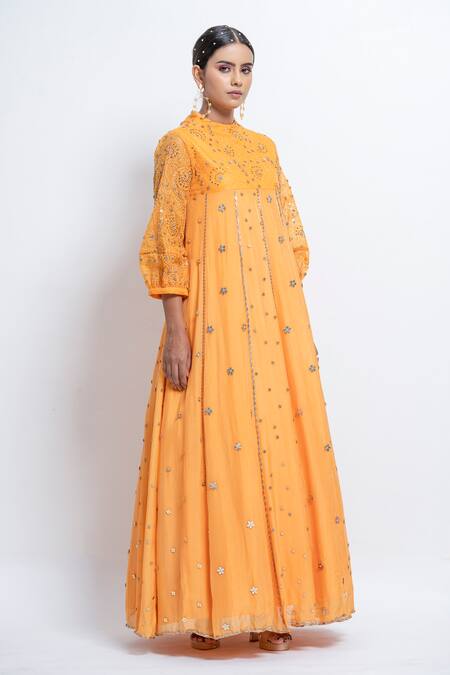 Shop Abstract By Megha Jain Madaan Yellow Chiffon, Organza Sequins Round Neck Flared Embellished Gown Online at Aza Fashions Shop_Abstract By Megha Jain Madaan_Yellow Chiffon, Organza Sequins Round Neck Flared Embellished Gown _Online_at_Aza_Fashions