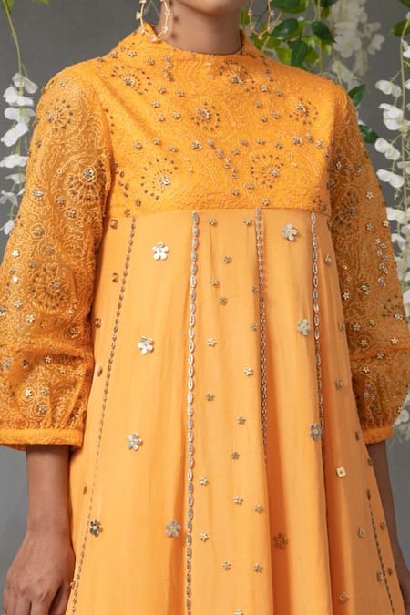 Abstract By Megha Jain Madaan Yellow Chiffon, Organza Sequins Round Neck Flared Embellished Gown at Aza Fashions Abstract By Megha Jain Madaan_Yellow Chiffon, Organza Sequins Round Neck Flared Embellished Gown _at_Aza_Fashions