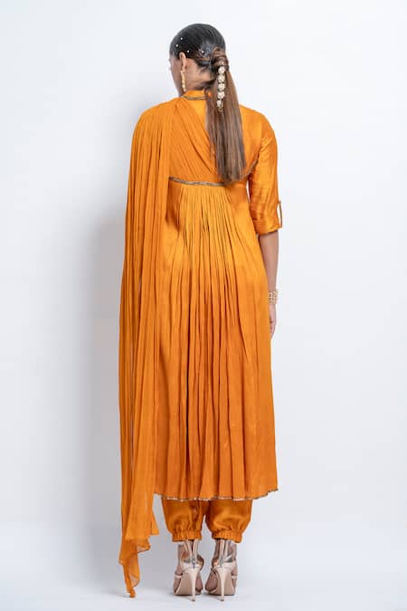 Shop Abstract By Megha Jain Madaan Yellow Silk, Chiffon Sequins Collared Draped Kurta And Pant Set at Aza Fashions Shop_Abstract By Megha Jain Madaan_Yellow Silk, Chiffon Sequins Collared Draped Kurta And Pant Set _at_Aza_Fashions