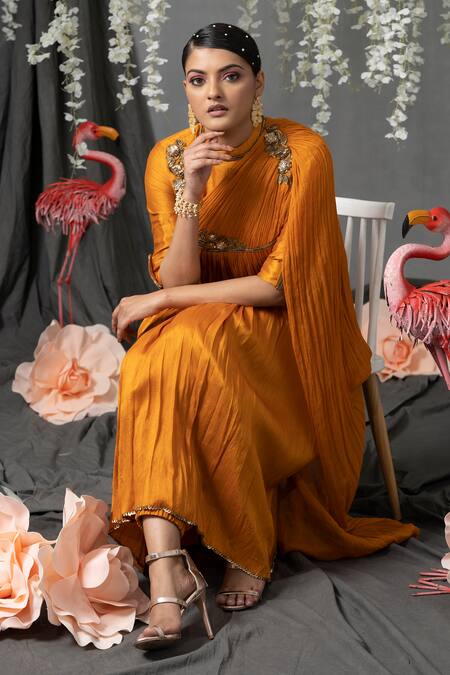 Abstract By Megha Jain Madaan Yellow Silk, Chiffon Sequins Collared Draped Kurta And Pant Set Online at Aza Fashions Abstract By Megha Jain Madaan_Yellow Silk, Chiffon Sequins Collared Draped Kurta And Pant Set _Online_at_Aza_Fashions