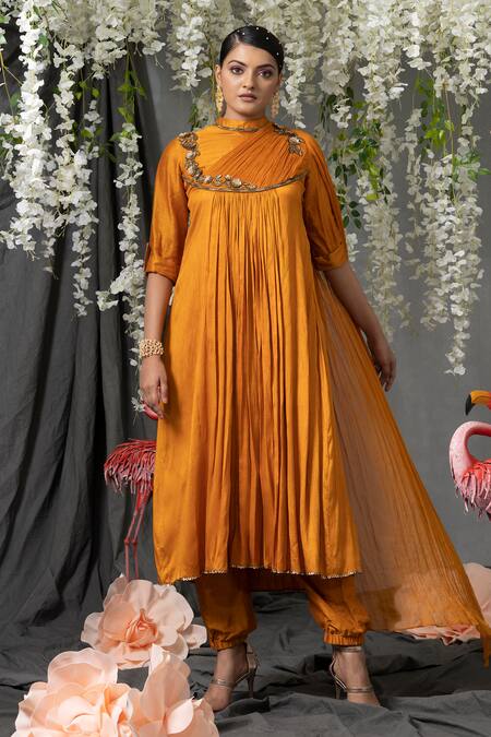 Buy Abstract By Megha Jain Madaan Yellow Silk, Chiffon Sequins Collared Draped Kurta And Pant Set Online at Aza Fashions Buy_Abstract By Megha Jain Madaan_Yellow Silk, Chiffon Sequins Collared Draped Kurta And Pant Set _Online_at_Aza_Fashions
