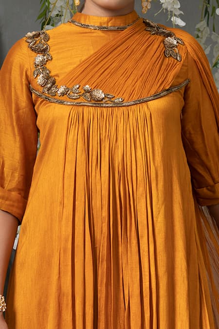 Shop Abstract By Megha Jain Madaan Yellow Silk, Chiffon Sequins Collared Draped Kurta And Pant Set Online at Aza Fashions Shop_Abstract By Megha Jain Madaan_Yellow Silk, Chiffon Sequins Collared Draped Kurta And Pant Set _Online_at_Aza_Fashions