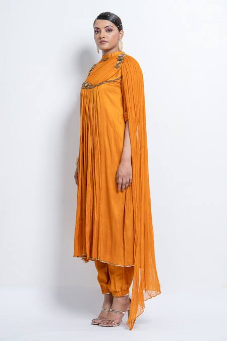 Abstract By Megha Jain Madaan Yellow Silk, Chiffon Sequins Collared Draped Kurta And Pant Set at Aza Fashions Abstract By Megha Jain Madaan_Yellow Silk, Chiffon Sequins Collared Draped Kurta And Pant Set _at_Aza_Fashions