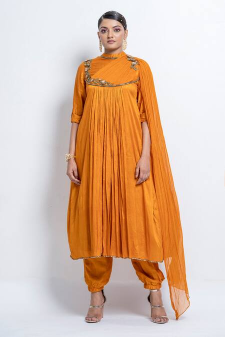 Buy Abstract By Megha Jain Madaan Yellow Silk, Chiffon Sequins Collared Draped Kurta And Pant Set Buy_Abstract By Megha Jain Madaan_Yellow Silk, Chiffon Sequins Collared Draped Kurta And Pant Set