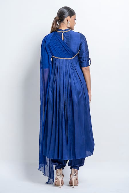 Shop Abstract By Megha Jain Madaan Blue Silk, Chiffon Sequins Collared Draped A-line Kurta And Pant Set at Aza Fashions Shop_Abstract By Megha Jain Madaan_Blue Silk, Chiffon Sequins Collared Draped A-line Kurta And Pant Set _at_Aza_Fashions