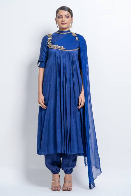 Abstract By Megha Jain Madaan Blue Silk, Chiffon Sequins Collared Draped A-line Kurta And Pant Set Online at Aza Fashions Abstract By Megha Jain Madaan_Blue Silk, Chiffon Sequins Collared Draped A-line Kurta And Pant Set _Online_at_Aza_Fashions