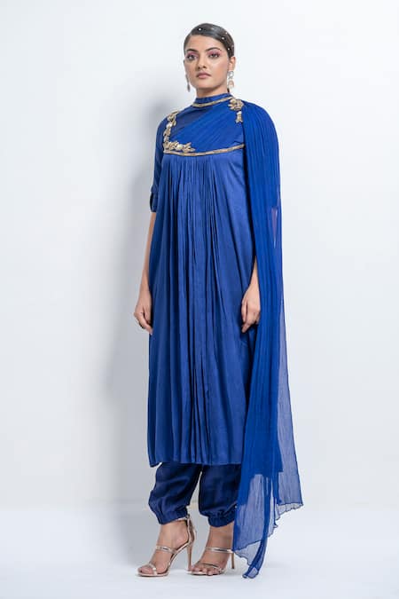 Buy Abstract By Megha Jain Madaan Blue Silk, Chiffon Sequins Collared Draped A-line Kurta And Pant Set Online at Aza Fashions Buy_Abstract By Megha Jain Madaan_Blue Silk, Chiffon Sequins Collared Draped A-line Kurta And Pant Set _Online_at_Aza_Fashions