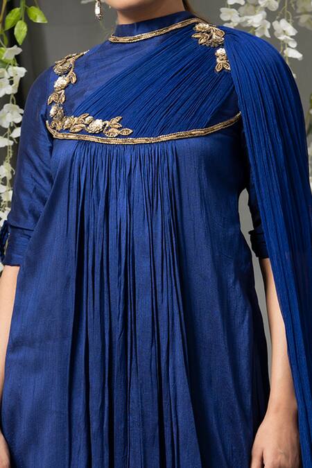 Shop Abstract By Megha Jain Madaan Blue Silk, Chiffon Sequins Collared Draped A-line Kurta And Pant Set Online at Aza Fashions Shop_Abstract By Megha Jain Madaan_Blue Silk, Chiffon Sequins Collared Draped A-line Kurta And Pant Set _Online_at_Aza_Fashions