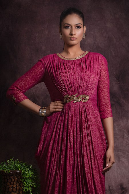 Abstract By Megha Jain Madaan Pink Georgette, Jersey Embroidery Round Neck Floral Cowl Dress Online at Aza Fashions Abstract By Megha Jain Madaan_Pink Georgette, Jersey Embroidery Round Neck Floral Cowl Dress _Online_at_Aza_Fashions