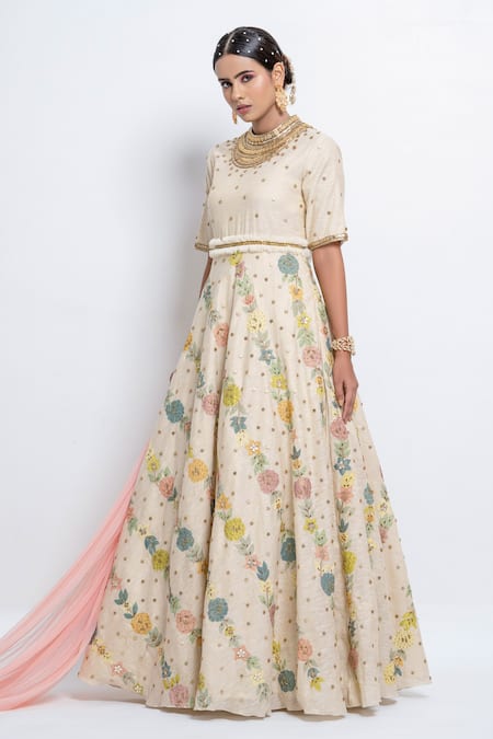 Abstract By Megha Jain Madaan Off White Silk, Tulle Sequins, Floral Bloom Pattern Anarkali With Dupatta 