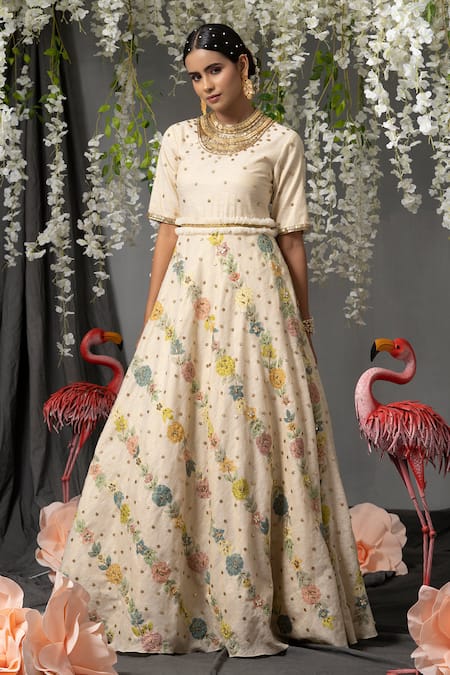 Shop Abstract By Megha Jain Madaan Off White Silk, Tulle Sequins, Floral Bloom Pattern Anarkali With Dupatta Online at Aza Fashions Shop_Abstract By Megha Jain Madaan_Off White Silk, Tulle Sequins, Floral Bloom Pattern Anarkali With Dupatta _Online_at_Aza_Fashions