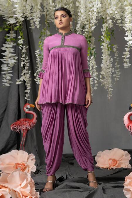 Buy Abstract By Megha Jain Madaan Purple Chiffon, Modal Beads Mandarin Collar Flared Gathered Top And Dhoti Pant Set Buy_Abstract By Megha Jain Madaan_Purple Chiffon, Modal Beads Mandarin Collar Flared Gathered Top And Dhoti Pant Set