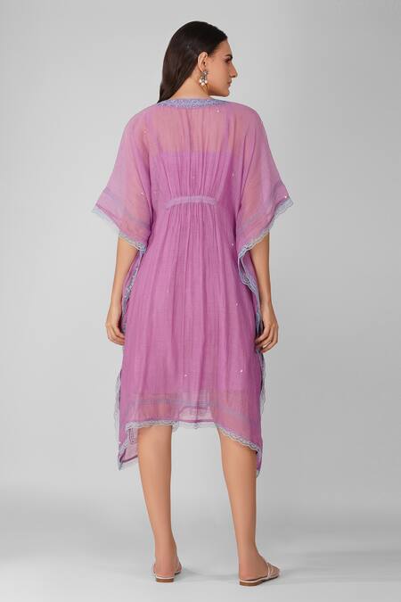 Shop Devyani Mehrotra Purple Chanderi Tassels V-neck Starry Rose Gathered Kaftan at Aza Fashions Shop_Devyani Mehrotra_Purple Chanderi Tassels V-neck Starry Rose Gathered Kaftan_at_Aza_Fashions