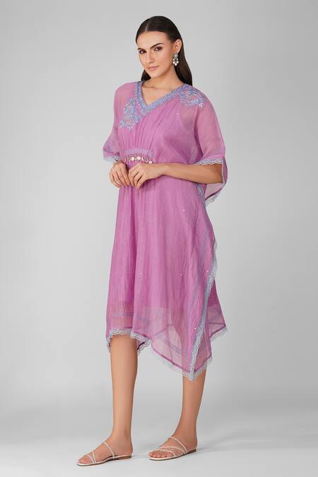 Devyani Mehrotra Purple Chanderi Tassels V-neck Starry Rose Gathered Kaftan Online at Aza Fashions Devyani Mehrotra_Purple Chanderi Tassels V-neck Starry Rose Gathered Kaftan_Online_at_Aza_Fashions
