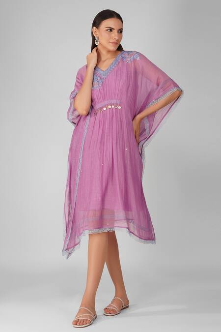 Devyani Mehrotra Purple Chanderi Tassels V-neck Starry Rose Gathered Kaftan at Aza Fashions Devyani Mehrotra_Purple Chanderi Tassels V-neck Starry Rose Gathered Kaftan_at_Aza_Fashions