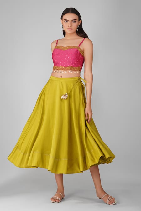 Devyani Mehrotra Chanderi Flower Embroidered Crop Top & Skirt Set 