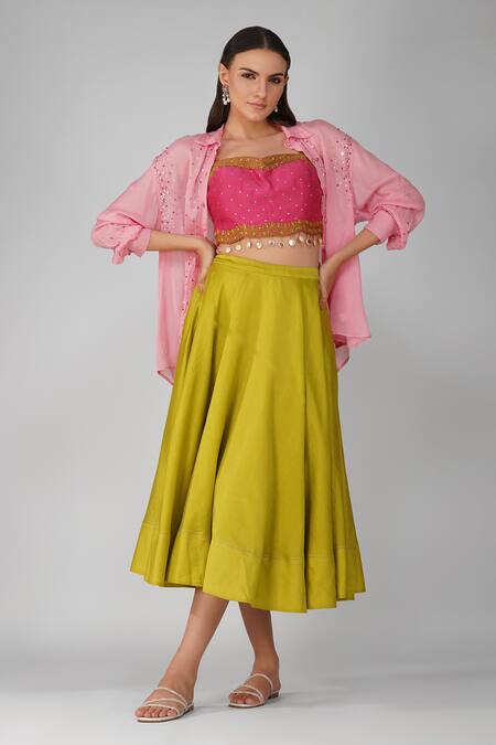 Devyani Mehrotra_Magenta Chanderi Sequins, Tassels Floral Embroidered Crop Top And Skirt Set_Online_at_Aza_Fashions