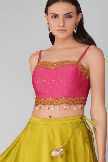 Buy_Devyani Mehrotra_Magenta Chanderi Sequins, Tassels Floral Embroidered Crop Top And Skirt Set_Online_at_Aza_Fashions