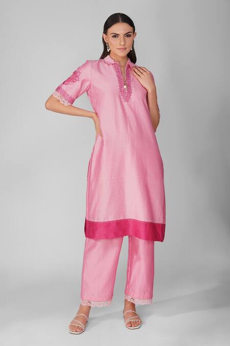 Devyani Mehrotra_Pink Chanderi Embroidery Thread Mandarin Collar Starry Rose Tunic And Pant Set_Online_at_Aza_Fashions