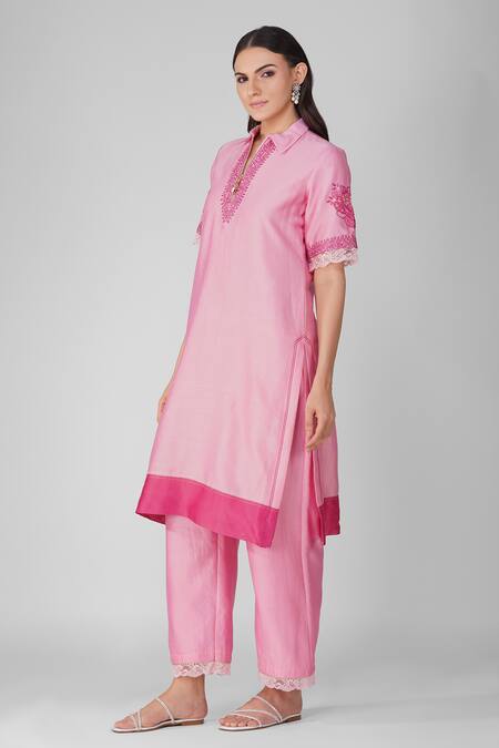 Buy_Devyani Mehrotra_Pink Chanderi Embroidery Thread Mandarin Collar Starry Rose Tunic And Pant Set_Online_at_Aza_Fashions