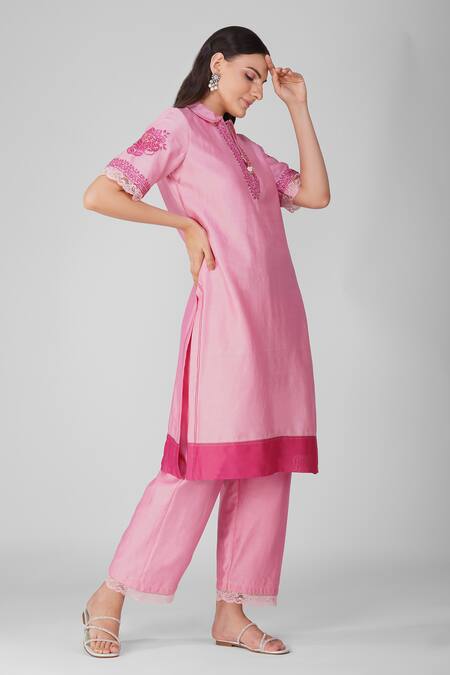 Shop_Devyani Mehrotra_Pink Chanderi Embroidery Thread Mandarin Collar Starry Rose Tunic And Pant Set_Online_at_Aza_Fashions
