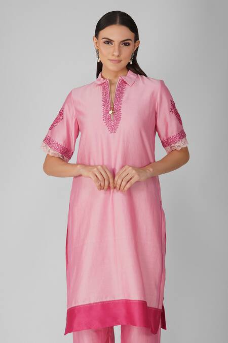 Devyani Mehrotra_Pink Chanderi Embroidery Thread Mandarin Collar Starry Rose Tunic And Pant Set_at_Aza_Fashions