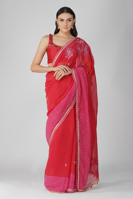 Devyani Mehrotra Red Chanderi Embroidery Thread Leaf Neck Starry Rose Saree With Blouse