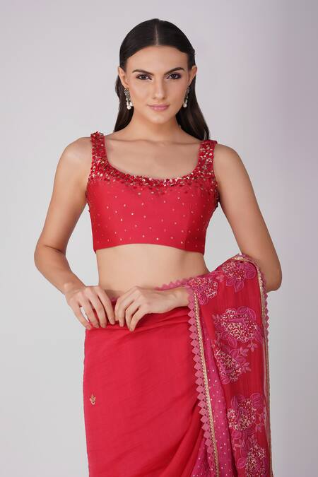 Devyani Mehrotra_Red Chanderi Embroidery Thread Leaf Neck Starry Rose Saree With Blouse_at_Aza_Fashions