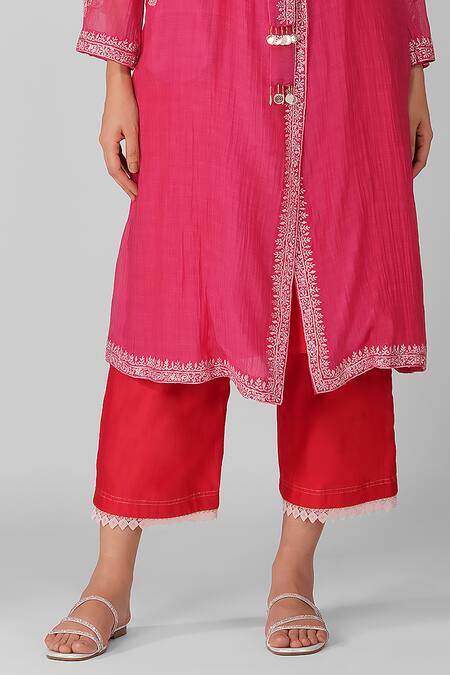 Devyani Mehrotra_Magenta Chanderi Embroidery Thread Jacket Floral Border Summer Trench Set_Online_at_Aza_Fashions