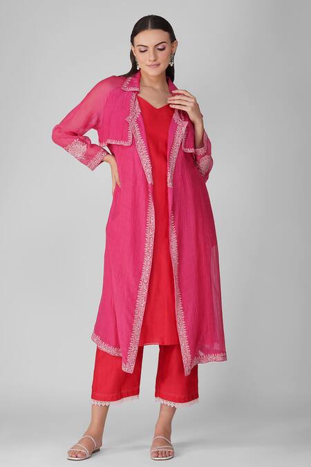 Buy_Devyani Mehrotra_Magenta Chanderi Embroidery Thread Jacket Floral Border Summer Trench Set_Online_at_Aza_Fashions