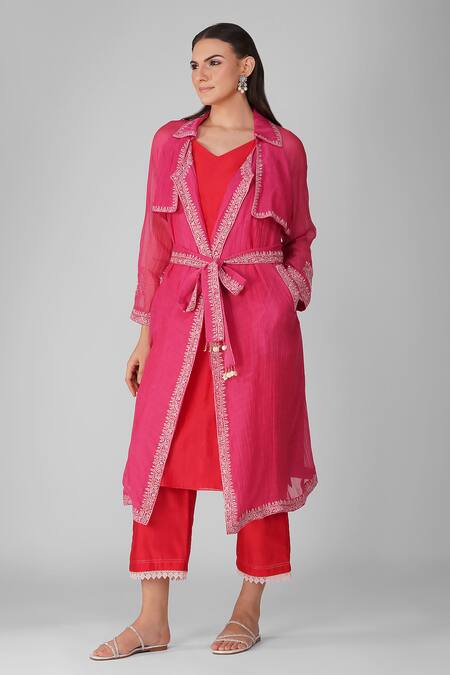 Shop_Devyani Mehrotra_Magenta Chanderi Embroidery Thread Jacket Floral Border Summer Trench Set_Online_at_Aza_Fashions