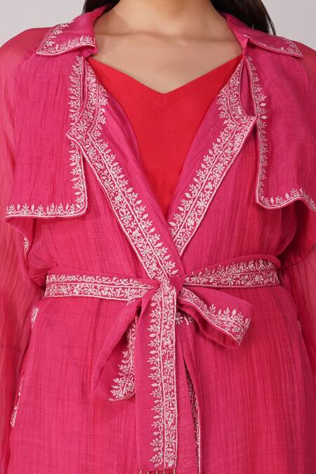 Devyani Mehrotra_Magenta Chanderi Embroidery Thread Jacket Floral Border Summer Trench Set_at_Aza_Fashions