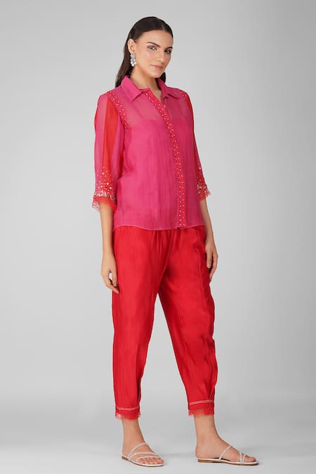 Devyani Mehrotra_Magenta Chanderi Embellished Sequins Starry Sky Two-tone Shirt And Salwar Pant Set_at_Aza_Fashions