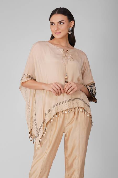 Devyani Mehrotra_Beige Chiffon And Chanderi Embroidered Starry Rose Asymmetric Cape And Pant Set_Online_at_Aza_Fashions