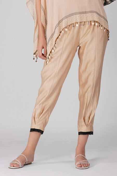 Buy_Devyani Mehrotra_Beige Chiffon And Chanderi Embroidered Starry Rose Asymmetric Cape And Pant Set_Online_at_Aza_Fashions