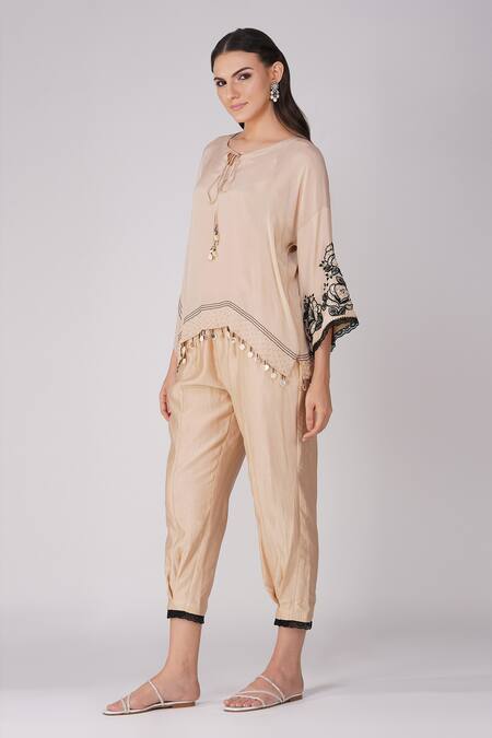 Shop_Devyani Mehrotra_Beige Chiffon And Chanderi Embroidered Starry Rose Asymmetric Cape And Pant Set_Online_at_Aza_Fashions