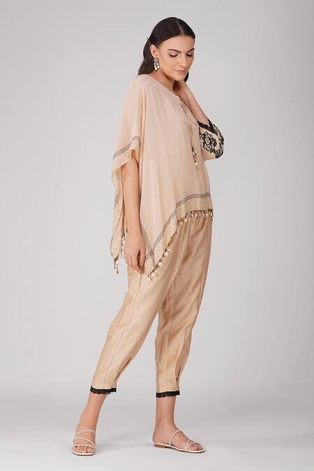 Devyani Mehrotra_Beige Chiffon And Chanderi Embroidered Starry Rose Asymmetric Cape And Pant Set_at_Aza_Fashions