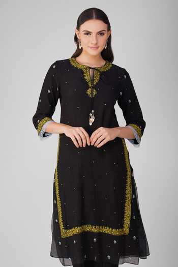Devyani Mehrotra_Black Chanderi Embroidered Sequins Round Cosmic Flower Kurta Set_Online_at_Aza_Fashions