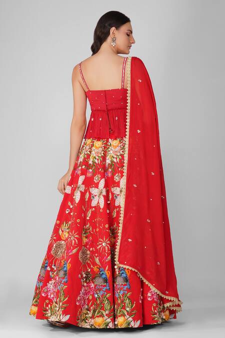 Shop Devyani Mehrotra Red Chanderi, Chiffon, Gingham Sequins Sweetheart Sky Garden Print Lehenga Set at Aza Fashions Shop_Devyani Mehrotra_Red Chanderi, Chiffon, Gingham Sequins Sweetheart Sky Garden Print Lehenga Set_at_Aza_Fashions