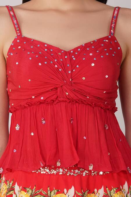 Devyani Mehrotra Red Chanderi, Chiffon, Gingham Sequins Sweetheart Sky Garden Print Lehenga Set Online at Aza Fashions Devyani Mehrotra_Red Chanderi, Chiffon, Gingham Sequins Sweetheart Sky Garden Print Lehenga Set_Online_at_Aza_Fashions