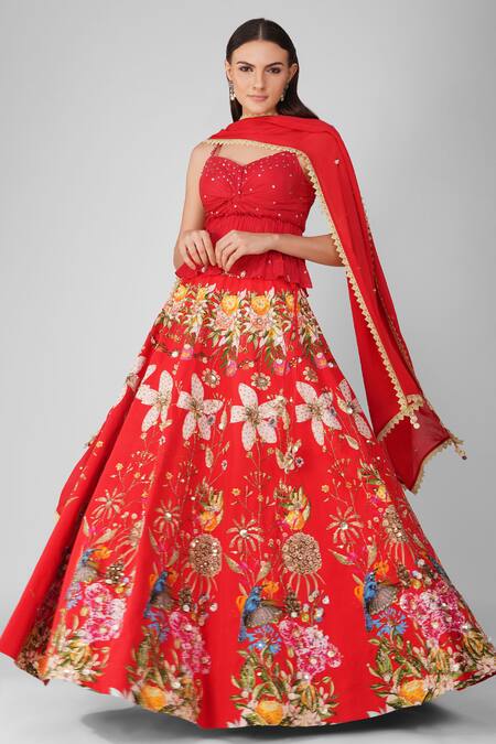 Buy Devyani Mehrotra Red Chanderi, Chiffon, Gingham Sequins Sweetheart Sky Garden Print Lehenga Set Online at Aza Fashions Buy_Devyani Mehrotra_Red Chanderi, Chiffon, Gingham Sequins Sweetheart Sky Garden Print Lehenga Set_Online_at_Aza_Fashions