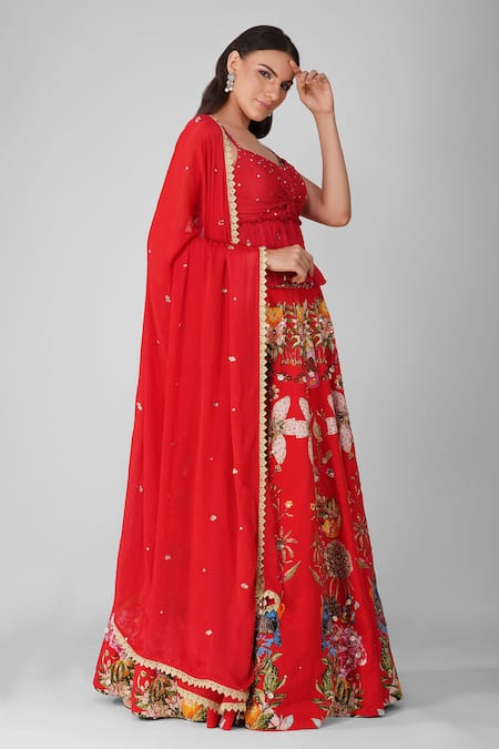 Devyani Mehrotra Red Chanderi, Chiffon, Gingham Sequins Sweetheart Sky Garden Print Lehenga Set at Aza Fashions Devyani Mehrotra_Red Chanderi, Chiffon, Gingham Sequins Sweetheart Sky Garden Print Lehenga Set_at_Aza_Fashions