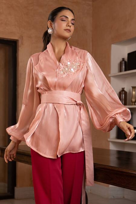 Shop_B'Infinite_Peach Organza Beads, Embroidery Collared Floral Beaded Embellished Top_Online_at_Aza_Fashions