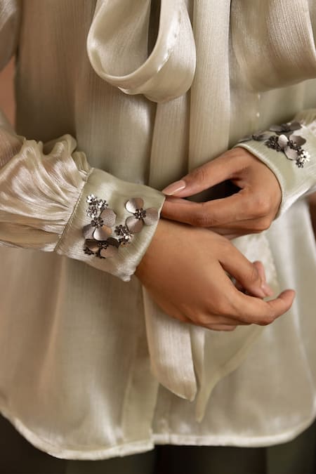 Buy_B'Infinite_Green Crepe Embroidery High Neck Moss Cuff Embellished Shirt And Trouser Set_Online_at_Aza_Fashions