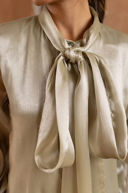 Shop_B'Infinite_Green Crepe Embroidery High Neck Moss Cuff Embellished Shirt And Trouser Set_Online_at_Aza_Fashions